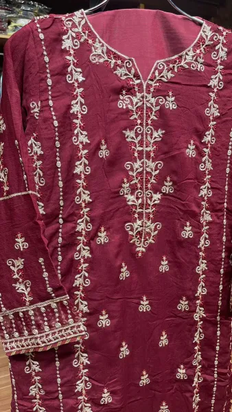 Pakistani Merakish Luxury Chiffon Stitched 3Pcs  _ Aesthetic Maroon 